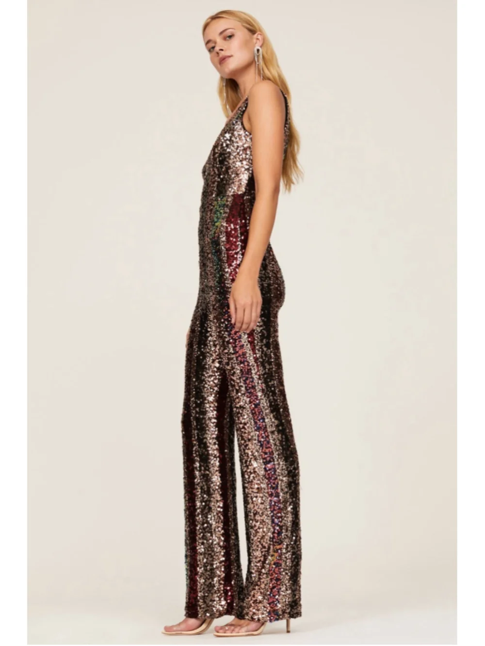Dress The Population Charlie Rainbow Striped Sequin Wide Leg Disco Jumpsuit L